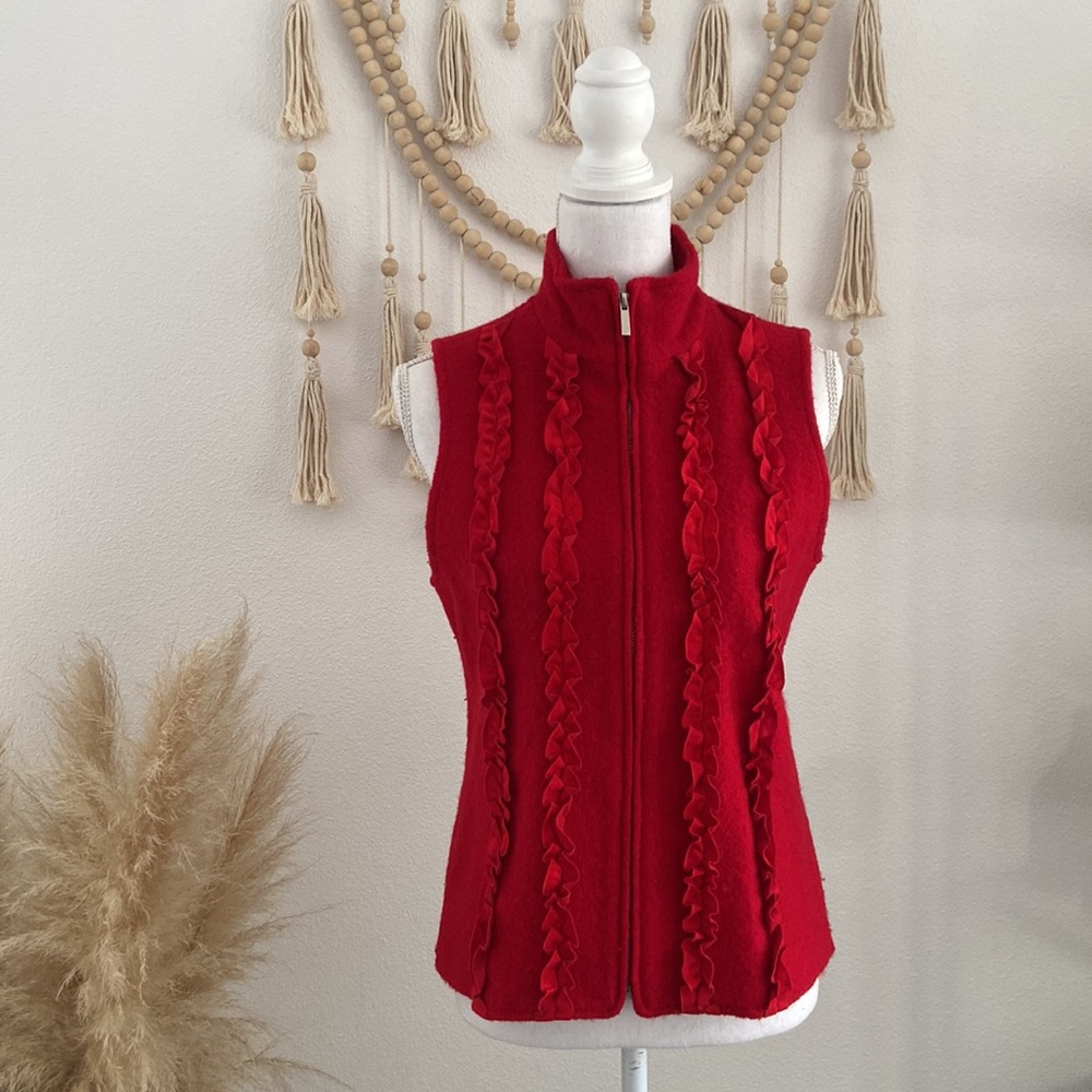 Coldwater Creek red wool zip up vest ruffle detail winter layer small